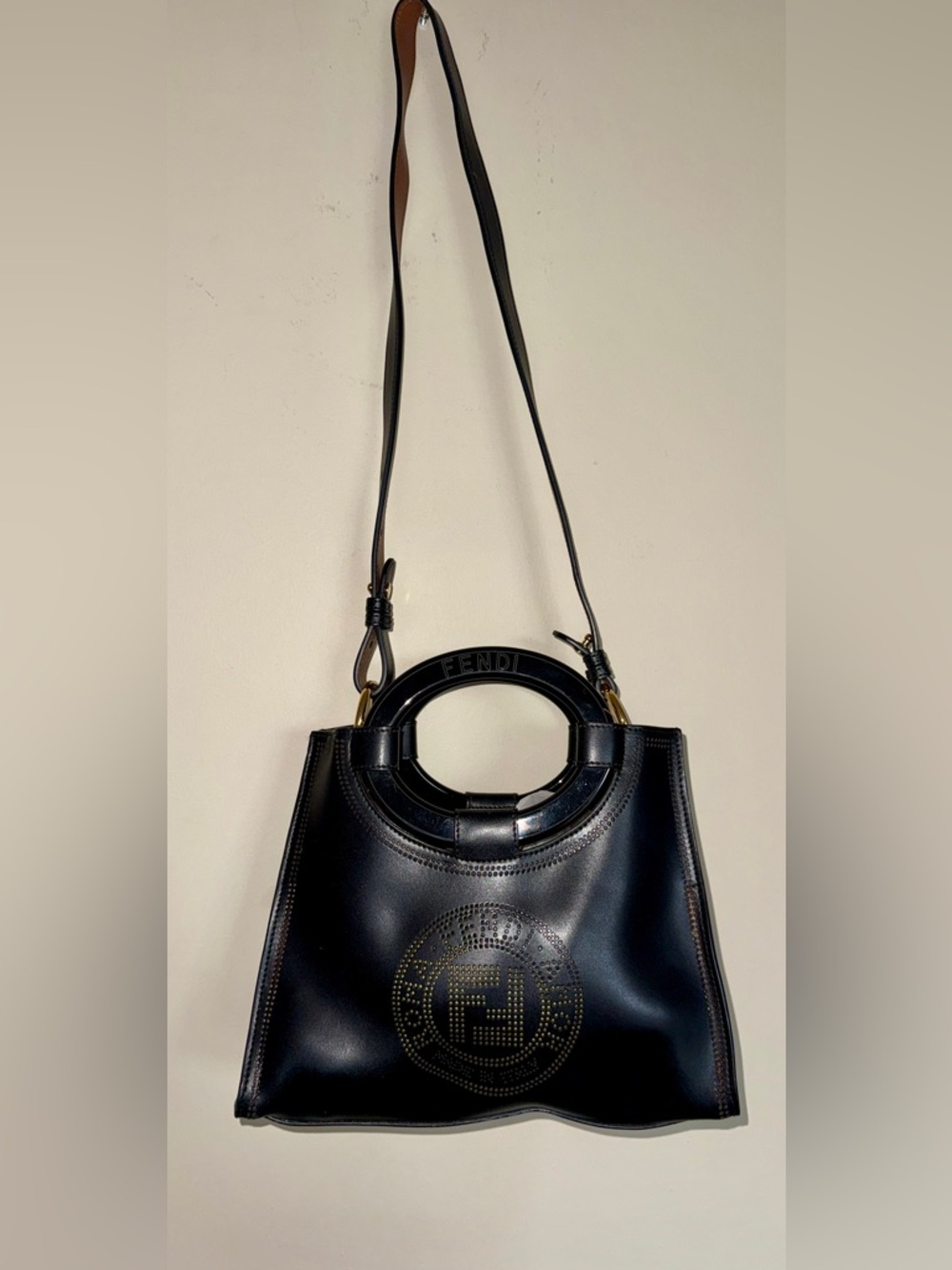 Fendi Black Leather Perforated Logo Shoulder Bag NWOT